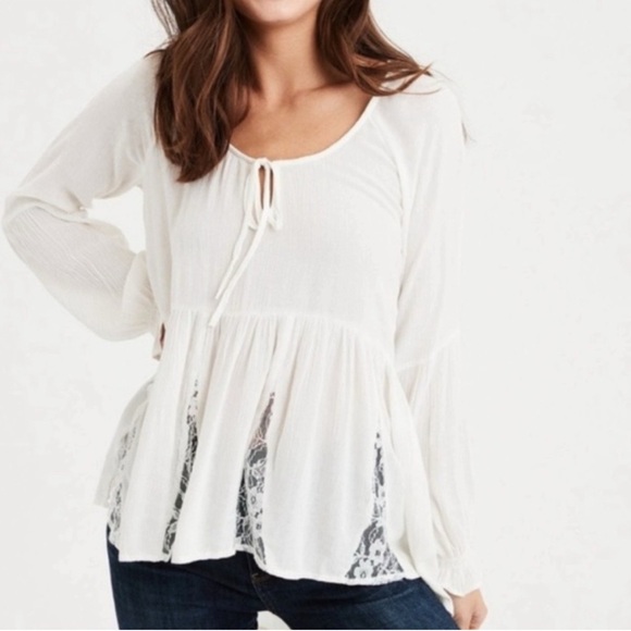American Eagle White Boho Long Sleeve Babydoll Lace Blouse Medium - Picture 1 of 9